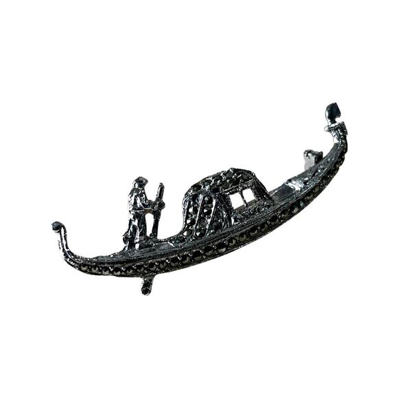 Vintage Sterling Silver Marcasite Boat Brooch, Vintage Silver Pin - Picture 2 of 7